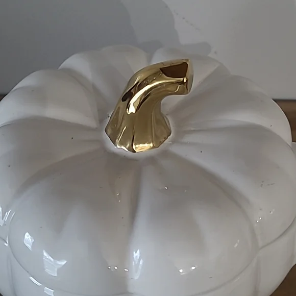 White Ceramic "Pumpkin" Shaped .8 Quart Dip/Soup Dish with Lid - Picture 3 of 13